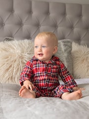 JoJo Maman Bébé Red Boys' Tartan Woven All-In-One Pyjamas - Image 7 of 12