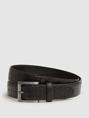 Reiss Black/Gunmetal Albany Leather Crocodile Print Belt - Image 1 of 4