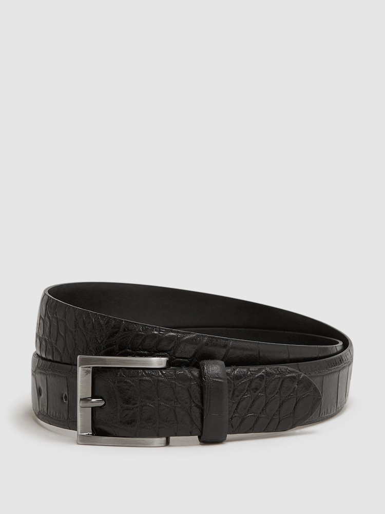 Reiss Black/Gunmetal Albany Leather Crocodile Print Belt - Image 1 of 4
