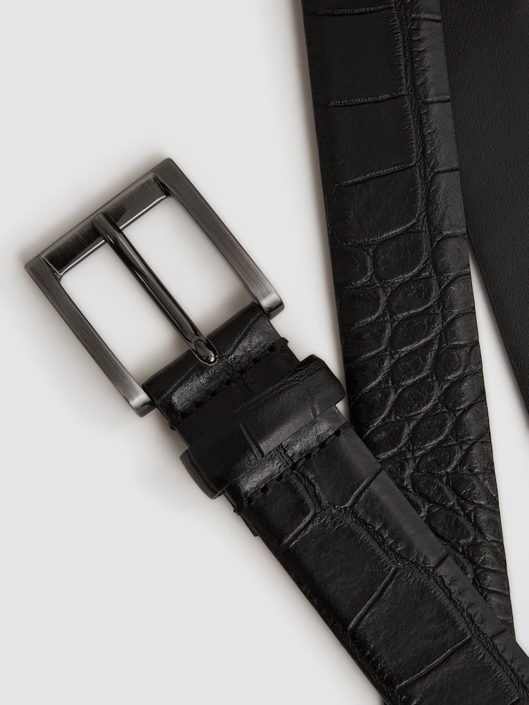 Reiss Black/Gunmetal Albany Leather Crocodile Print Belt - Image 4 of 4