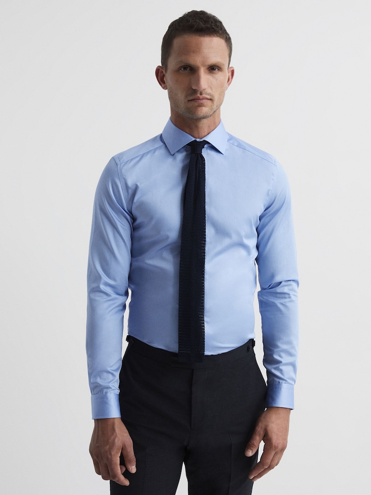 Reiss Mid Blue Remote Slim Fit Cotton Sateen Shirt - Image 7 of 7