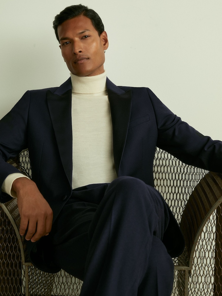 Reiss Navy Poker Peak Lapel Regular Fit Single Breasted Tuxedo Jacket - Image 1 of 7