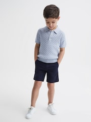 Reiss Soft Blue Melange Eli Senior Press Stud Cable Knit Polo Shirt - Image 1 of 6