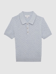 Reiss Soft Blue Melange Eli Senior Press Stud Cable Knit Polo Shirt - Image 2 of 6