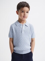 Reiss Soft Blue Melange Eli Senior Press Stud Cable Knit Polo Shirt - Image 3 of 6