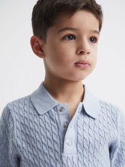 Reiss Soft Blue Melange Eli Senior Press Stud Cable Knit Polo Shirt - Image 4 of 6
