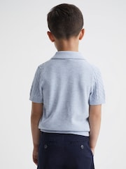 Reiss Soft Blue Melange Eli Senior Press Stud Cable Knit Polo Shirt - Image 5 of 6