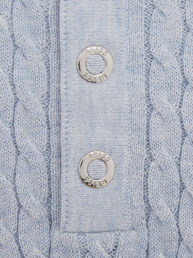 Reiss Soft Blue Melange Eli Senior Press Stud Cable Knit Polo Shirt - Image 6 of 6