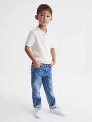 Reiss Ecru Eli Senior Press Stud Cable Knit Polo Shirt - Image 1 of 6