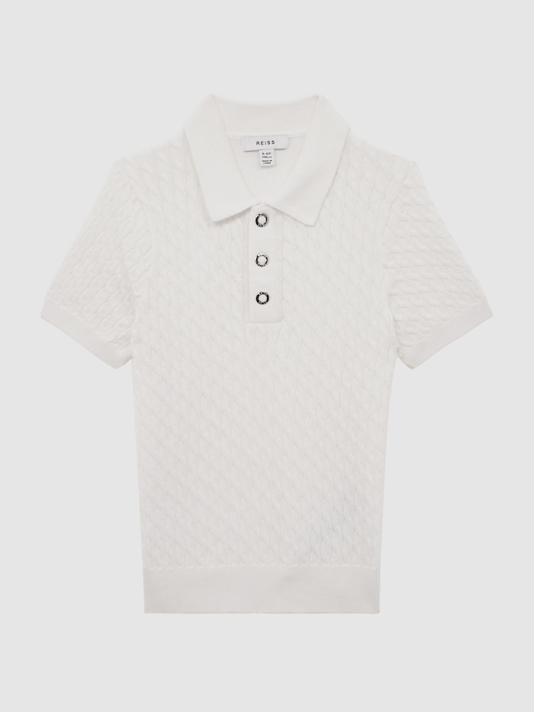 Reiss Ecru Eli Senior Press Stud Cable Knit Polo Shirt - Image 2 of 6