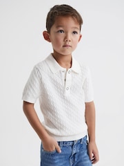 Reiss Ecru Eli Senior Press Stud Cable Knit Polo Shirt - Image 3 of 6
