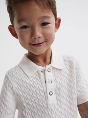Reiss Ecru Eli Senior Press Stud Cable Knit Polo Shirt - Image 4 of 6