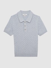 Reiss Soft Blue Melange Eli Junior Press Stud Cable Knit Polo Shirt - Image 2 of 6