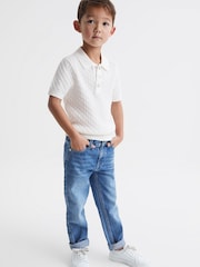 Reiss Ecru Eli Junior Press Stud Cable Knit Polo Shirt - Image 3 of 6