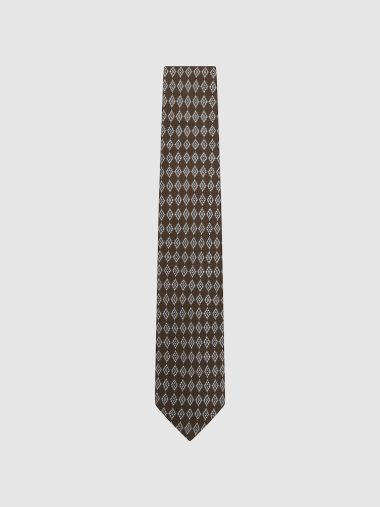 Reiss Chocolate Monza Silk Geometric Print Tie - Image 1 of 5