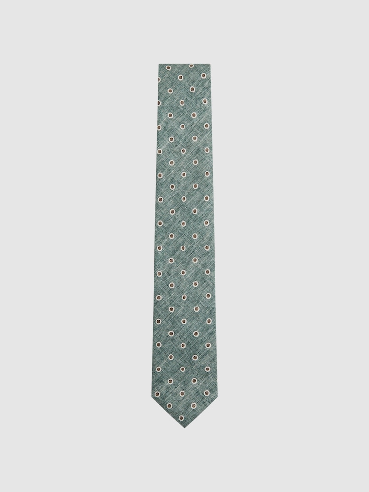 Reiss Sea Green Melange Porto Silk Polka Dot Print Tie - Image 1 of 5