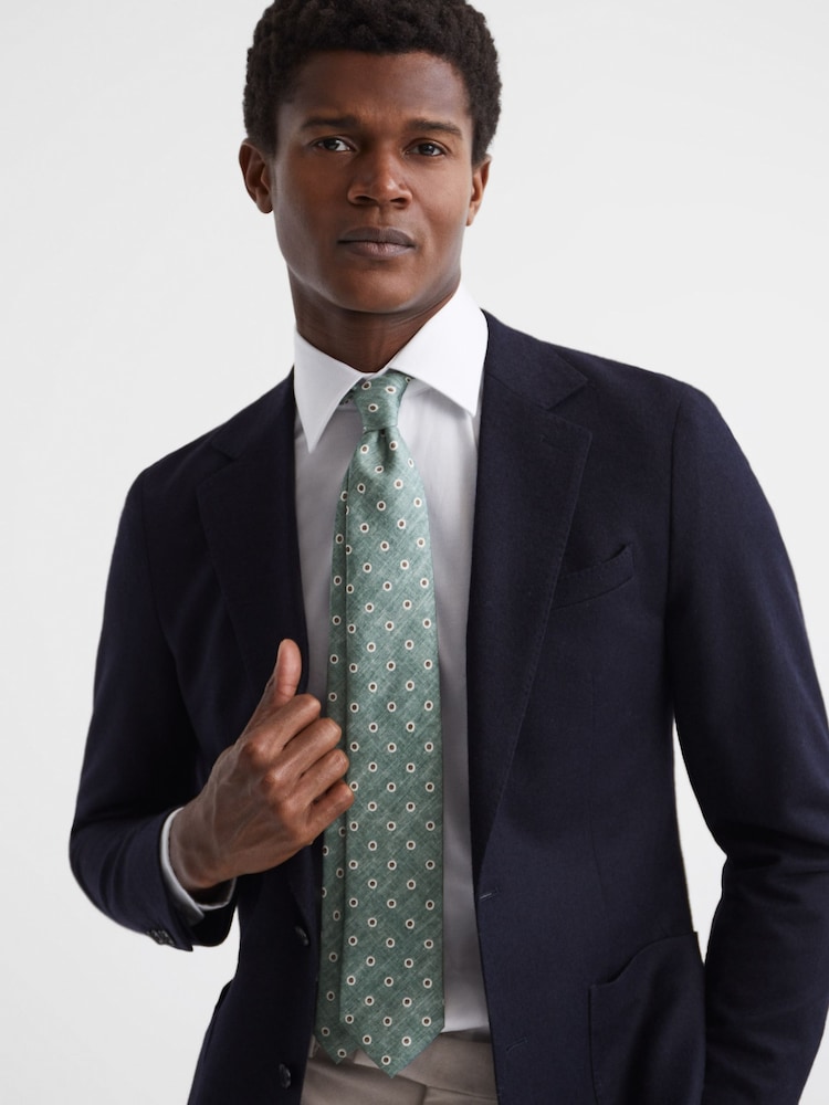 Reiss Sea Green Melange Porto Silk Polka Dot Print Tie - Image 2 of 5