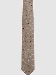 Reiss Oatmeal Melange Porto Silk Polka Dot Print Tie - Image 1 of 5