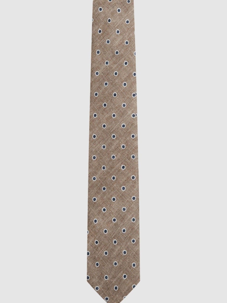 Reiss Oatmeal Melange Porto Silk Polka Dot Print Tie - Image 1 of 5