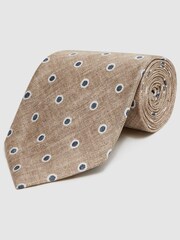 Reiss Oatmeal Melange Porto Silk Polka Dot Print Tie - Image 3 of 5