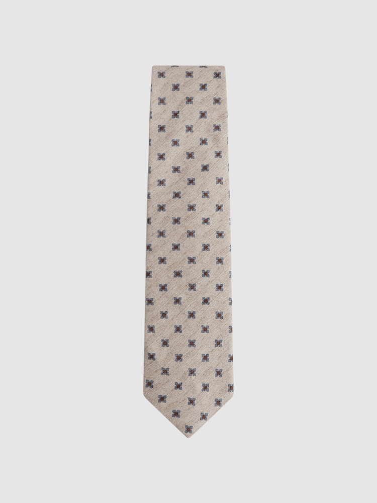 Reiss Oatmeal Melange Taranto Floral Medallion Printed Silk Tie - Image 1 of 5