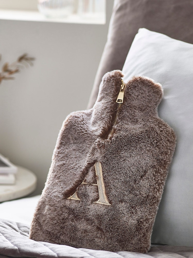 Mink Brown Faux Faur Monogram Hot Water Bottle - Image 1 of 4