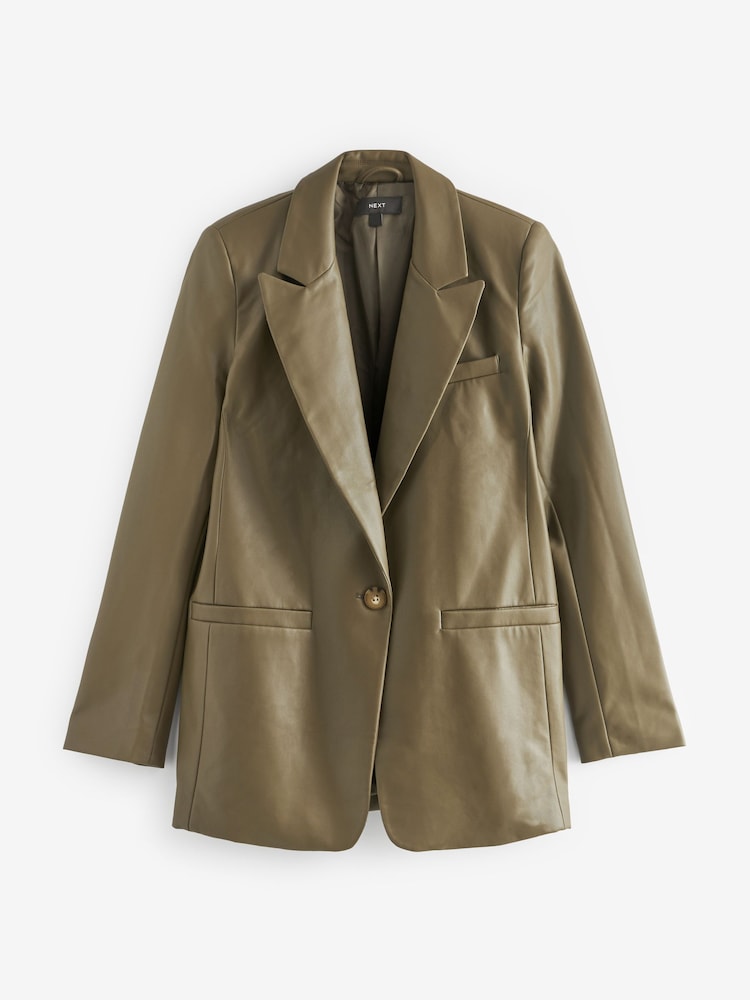 Khaki Green Faux Leather Blazer - Image 1 of 7