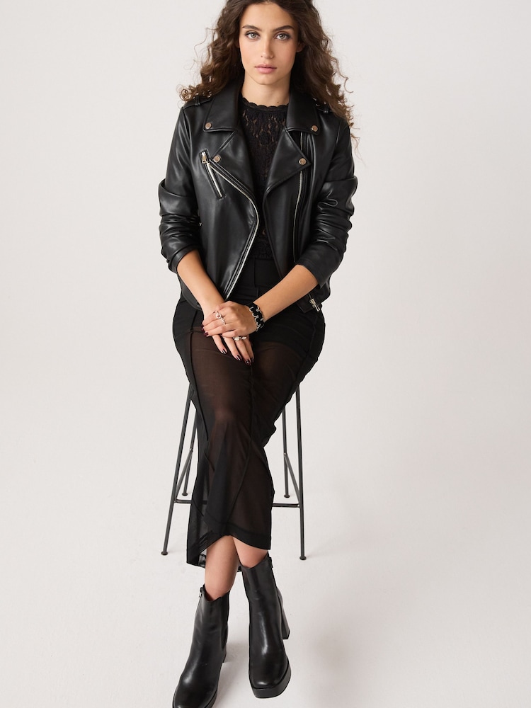 Black Faux Leather Biker Jacket - Image 2 of 6