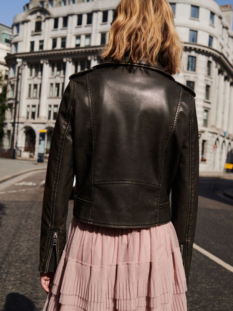 Washed Black Faux Leather Biker Jacket - Image 3 of 6