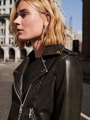 Washed Black Faux Leather Biker Jacket - Image 4 of 6