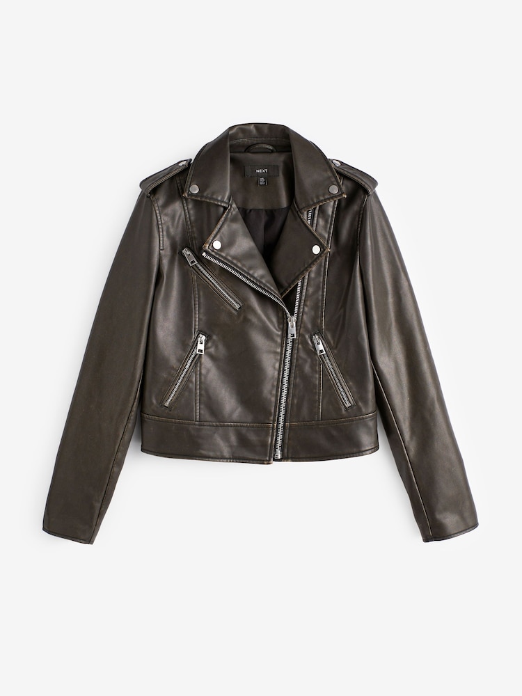 Washed Black Faux Leather Biker Jacket - Image 5 of 6