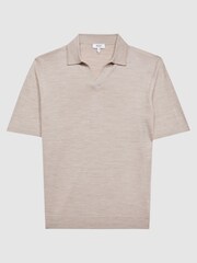 Reiss Wheat Melange Duchie Merino Wool Open Collar Polo Shirt - Image 2 of 6