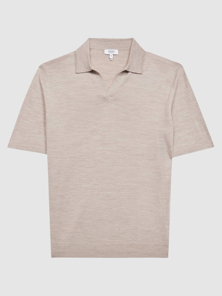 Reiss Wheat Melange Duchie Merino Wool Open Collar Polo Shirt - Image 2 of 6