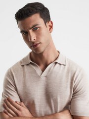 Reiss Wheat Melange Duchie Merino Wool Open Collar Polo Shirt - Image 4 of 6