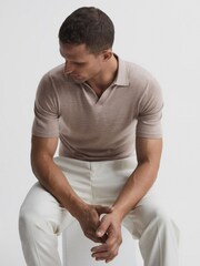Reiss Wheat Melange Duchie Merino Wool Open Collar Polo Shirt - Image 6 of 6