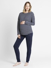 JoJo Maman Bébé Navy Stripe Maternity & Nursing Pyjama Set - Image 1 of 2