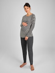 JoJo Maman Bébé Charcoal Stripe Maternity & Nursing Pyjama Set - Image 1 of 5