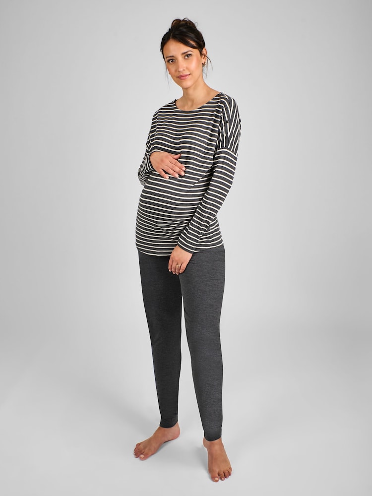 JoJo Maman Bébé Charcoal Stripe Maternity & Nursing Pyjama Set - Image 1 of 5