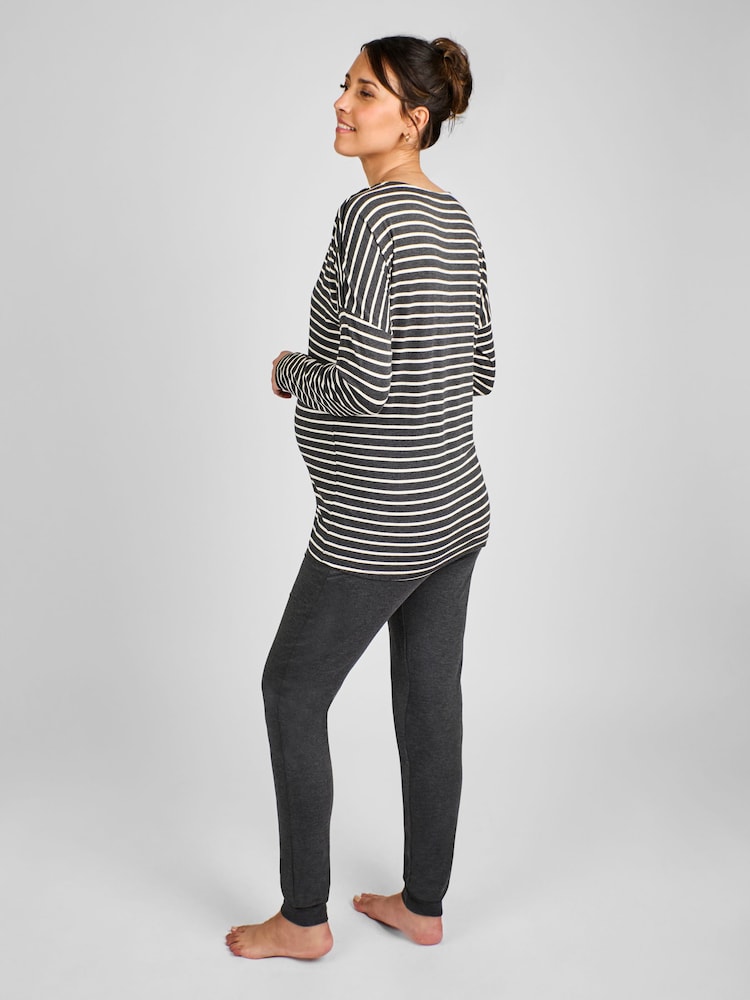 JoJo Maman Bébé Charcoal Stripe Maternity & Nursing Pyjama Set - Image 2 of 5 JoJo Maman Bébé Charcoal Stripe Maternity & Nursing Pyjama Set - Image 2 of 5