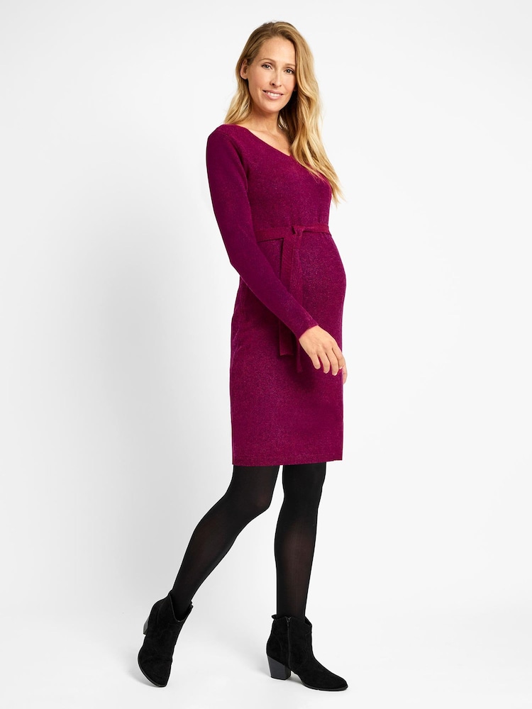 JoJo Maman Bébé Raspberry V-Neck Knitted Maternity Dress - Image 2 of 5 JoJo Maman Bébé Raspberry V-Neck Knitted Maternity Dress - Image 2 of 5