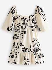 Black/White Floral Print Puff Sleeve  Mini Smock Dress - Image 5 of 6