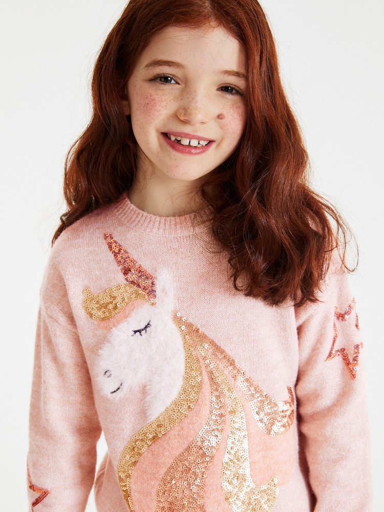 وردي وحيد القرن بترتر - كنزة محبوكة (3-16 سنة) - صورة 1 من 6