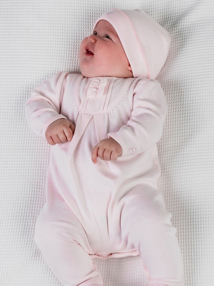 Emile Et Rose Pink 100% Cotton All-In-One With Pleated Yoke With Ric-Rac And Hat - Image 1 of 3