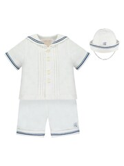 Emile Et Rose White Linen Sailor Style Shirt With Shorts and Hat 2 Piece Set - Image 2 of 6