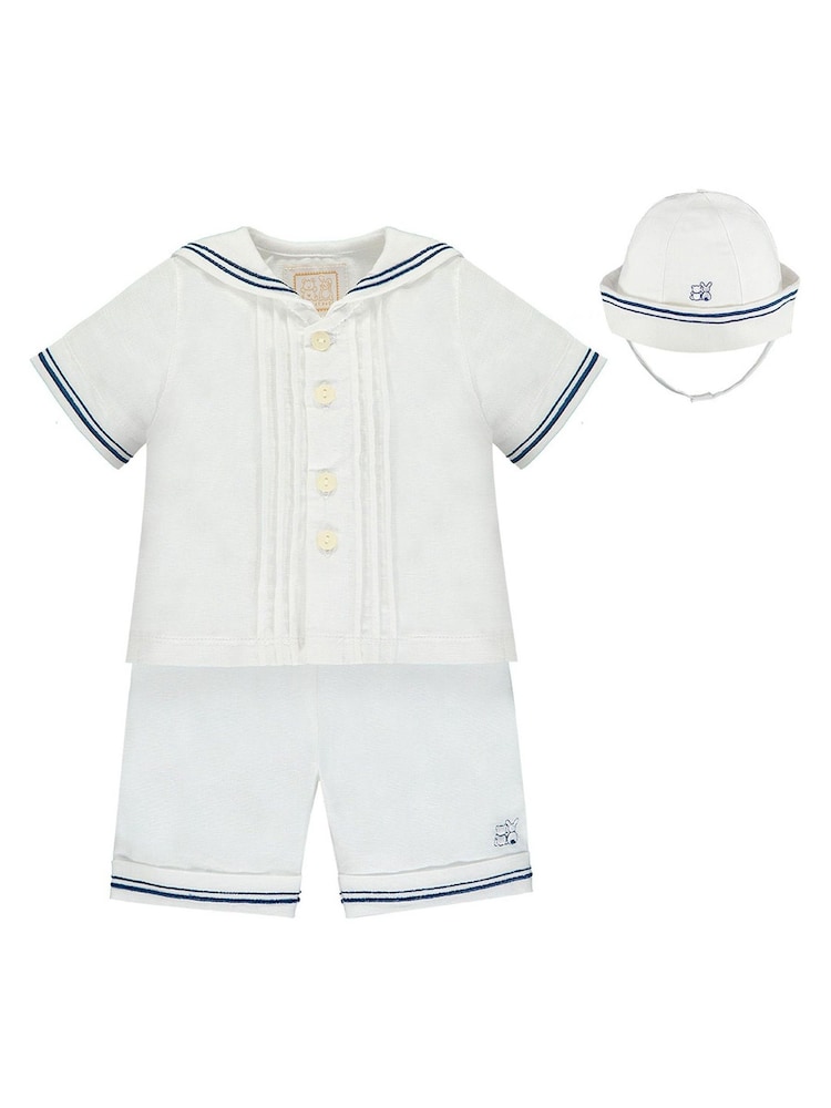 Emile Et Rose White Linen Sailor Style Shirt With Shorts and Hat 2 Piece Set - Image 2 of 6