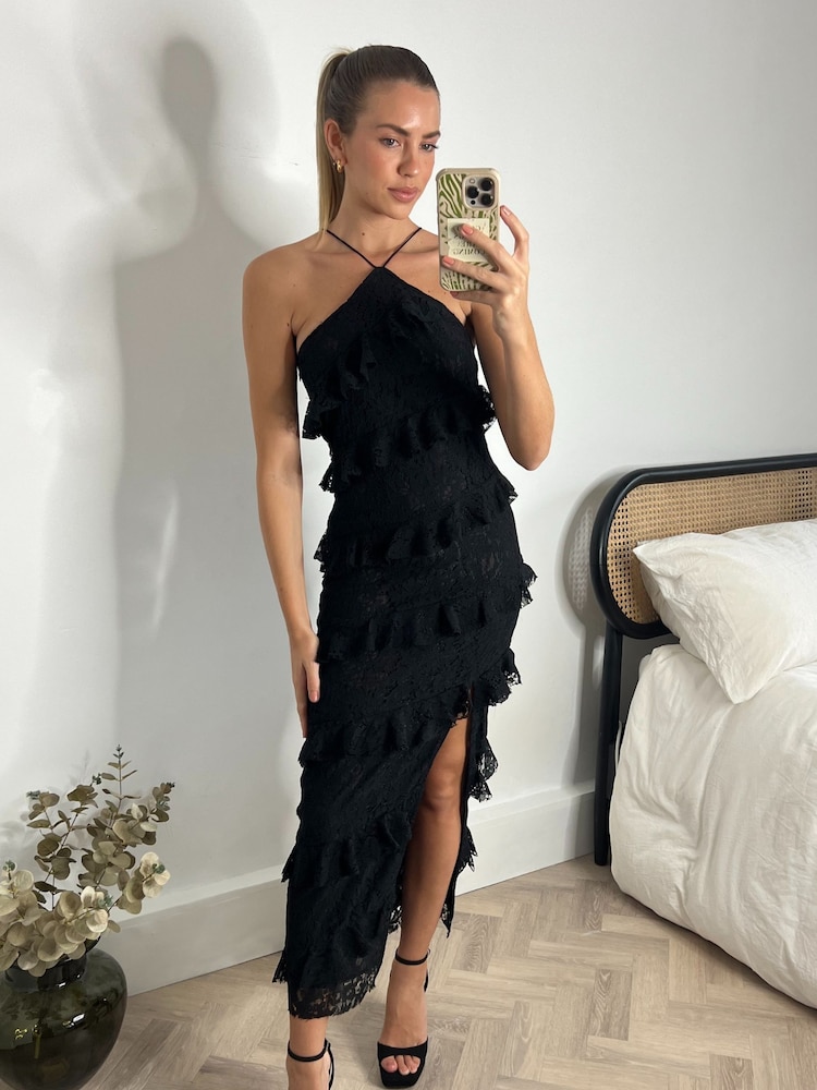 Style Cheat Black Lace Halter Midi Dress - Image 1 of 4