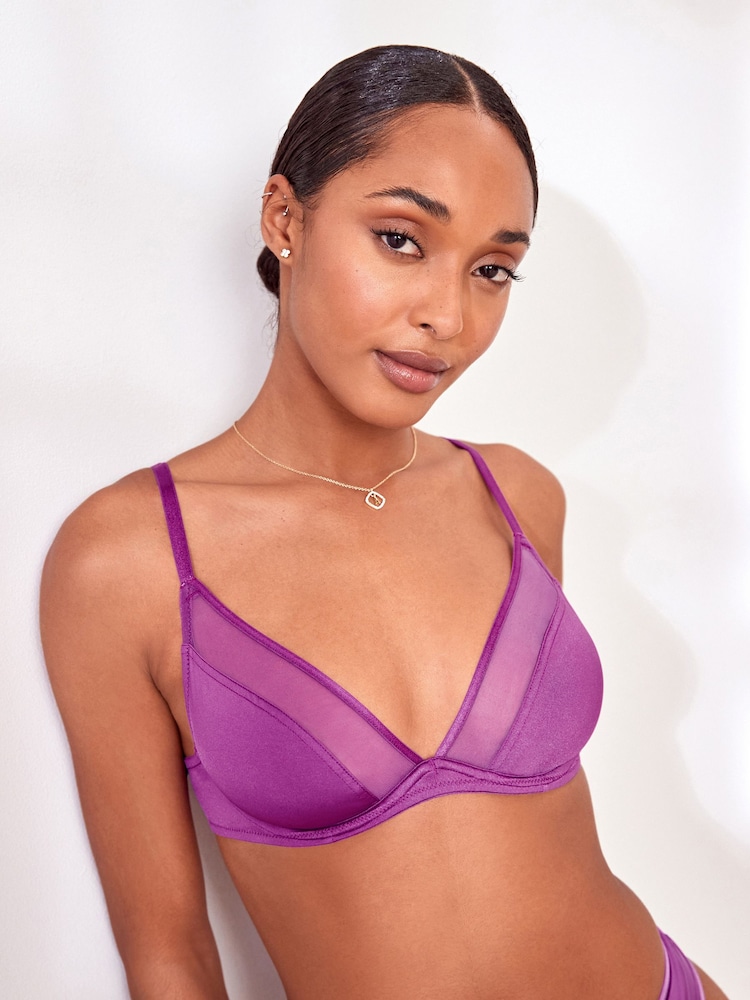 Black/Purple Non Pad Plunge Microfibre & Mesh Bras 2 Packs - Image 1 of 13