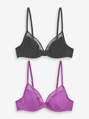 Black/Purple Non Pad Plunge Microfibre & Mesh Bras 2 Packs - Image 9 of 13