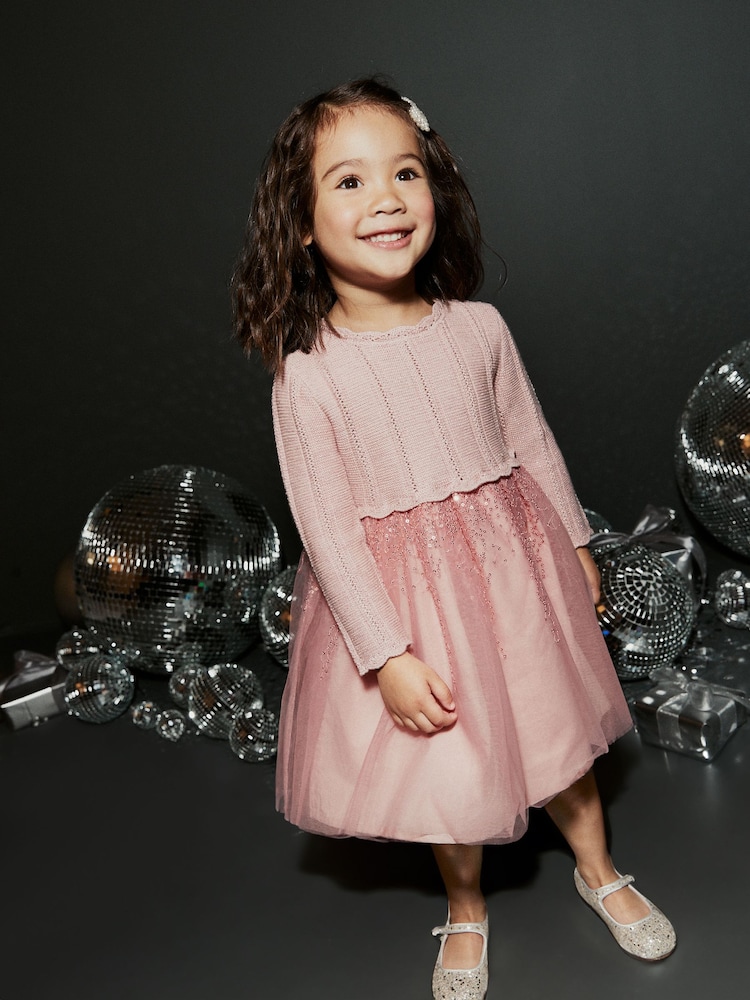 Pink 2-in-1 Jumper & Embroidered Tulle Skirt Dress (3mths-7yrs) - Image 1 of 4