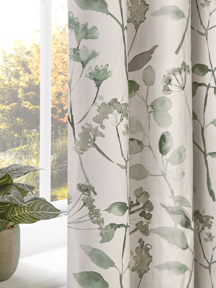 Green Isla Floral Print Blackout/Thermal 100% Cotton Eyelet Curtains - Image 7 of 8
